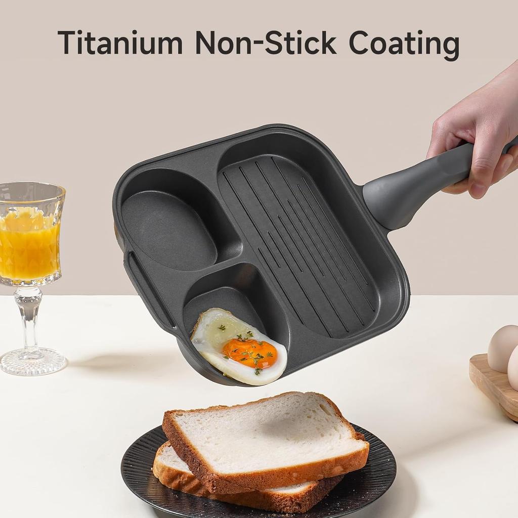 Titanium Nonstick Egg Frying Pan,3-in-1 Divided Breakfast Omelette Egg Pan, for Pancake, Bacon,Healthy