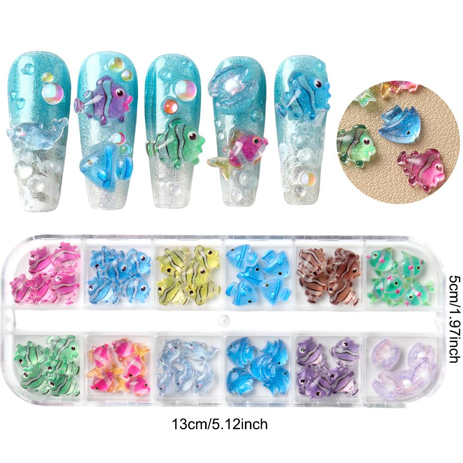 Xiaomi 12 Grids 3D Cute Fish Nail Charms Set Ocean Fish Resin Nail Art Decorations Dolphin Shell Nail Accessories Summer Beach Manicure