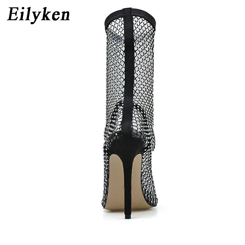 Fashion Eilyken Design Crystal Rhinestone Mesh Stretch Fabric Sock Boots Fashion PVC Transparent Pointed Toe Shoes Sexy High Heels