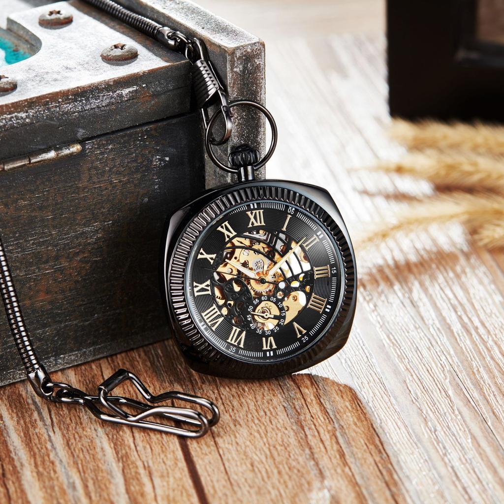 Automatic Mechanical Square Pocket Watch Clamshell Trend Fashion Classic Roman Letters Retro Chain Mechanical Pocket Watch