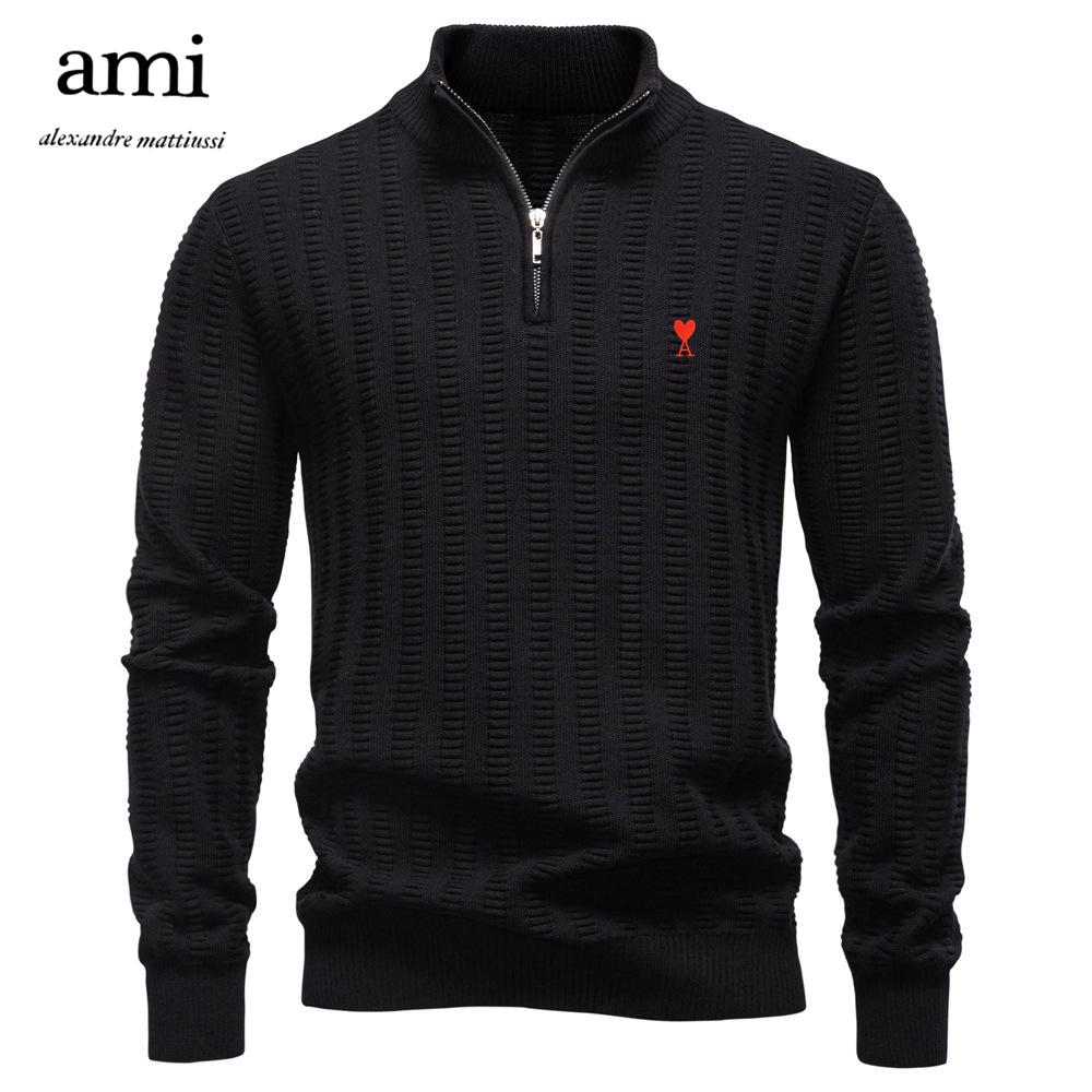 AMI 2025 Autumn and Winter Embroidery New Striped Jacquard Men's Plus Size Sweater, Half Zipper Stand Up Collar Business Sweater