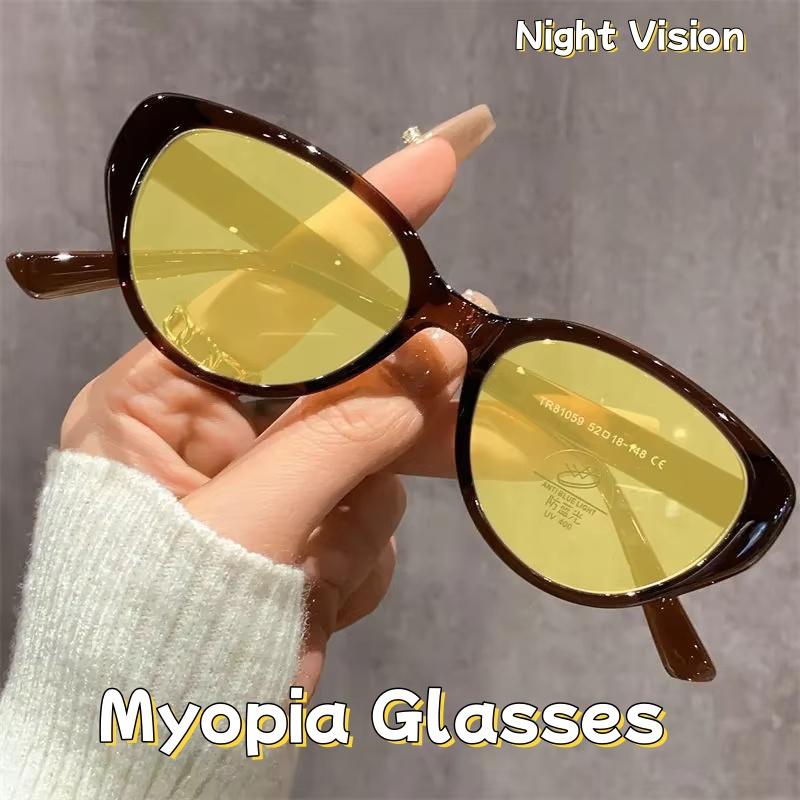 Anti Blue Light Night Vision Myopia Glasses Retro Cat Eye Ultra Light Small Frame Night Vision Goggles Trendy Versatile Glasses