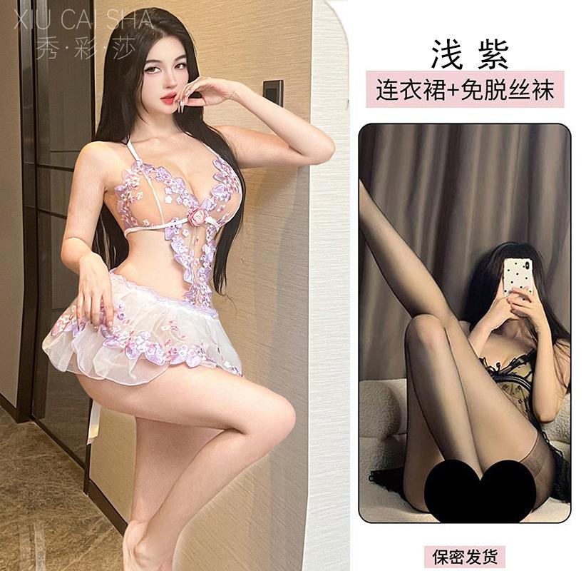 Xiucaisha pure lace floral embroidery suspender tutu skirt waist thin perspective sex underwear empty pajamas