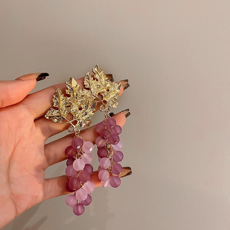 Mori Style Silver Needle Floral Glass Grape Tassel Earrings – Elegant High-End Design