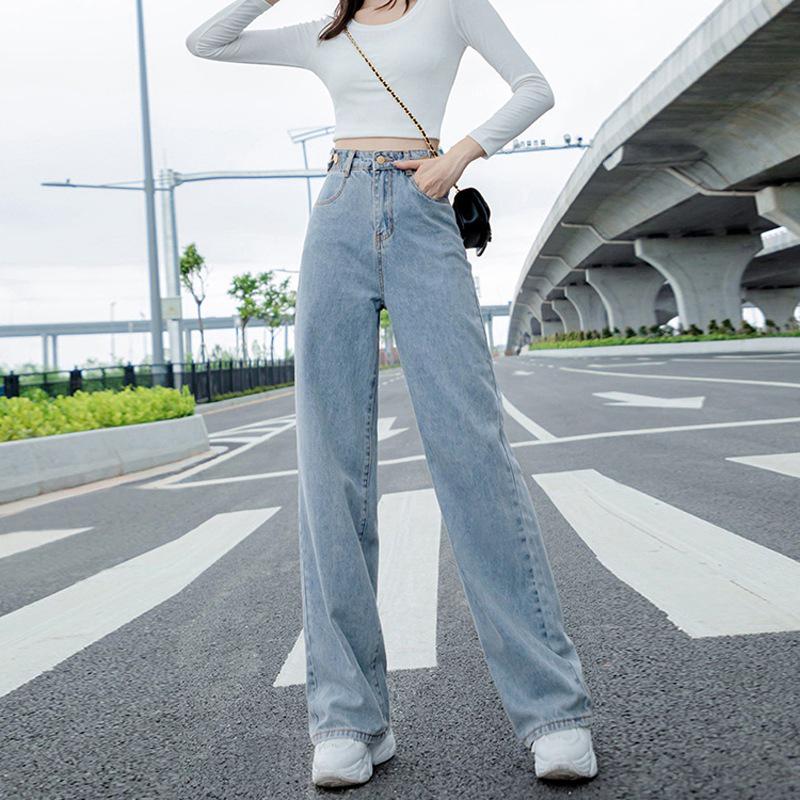 

Женские джинсы в корейском стиле с регулируемой высокой талией и широкими штанинами - Свободные, стройнящие, длиной до пола для лета. Small