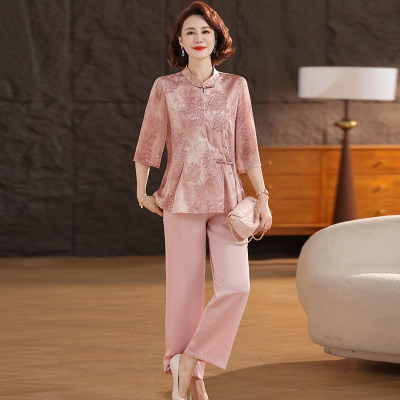 

Chic Middle-aged Women s Two-Piece Chiffon Set - Chinese Style Trendy Top & Shirt 3XL [115-130 kg]