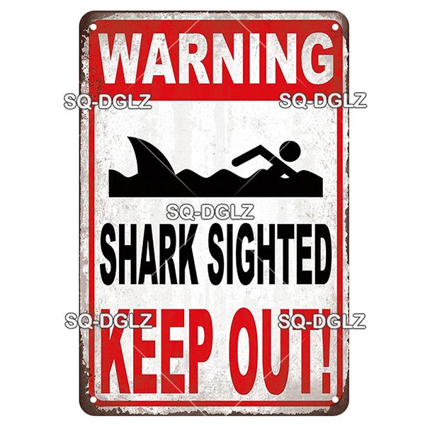 SQ-DGLZ Vintage Metallskylt Varning Haj Poolregler Tennskylt Havsbutiksskylt Hembar Väggdekor Klistermärke Dekorationsplatta Affisch