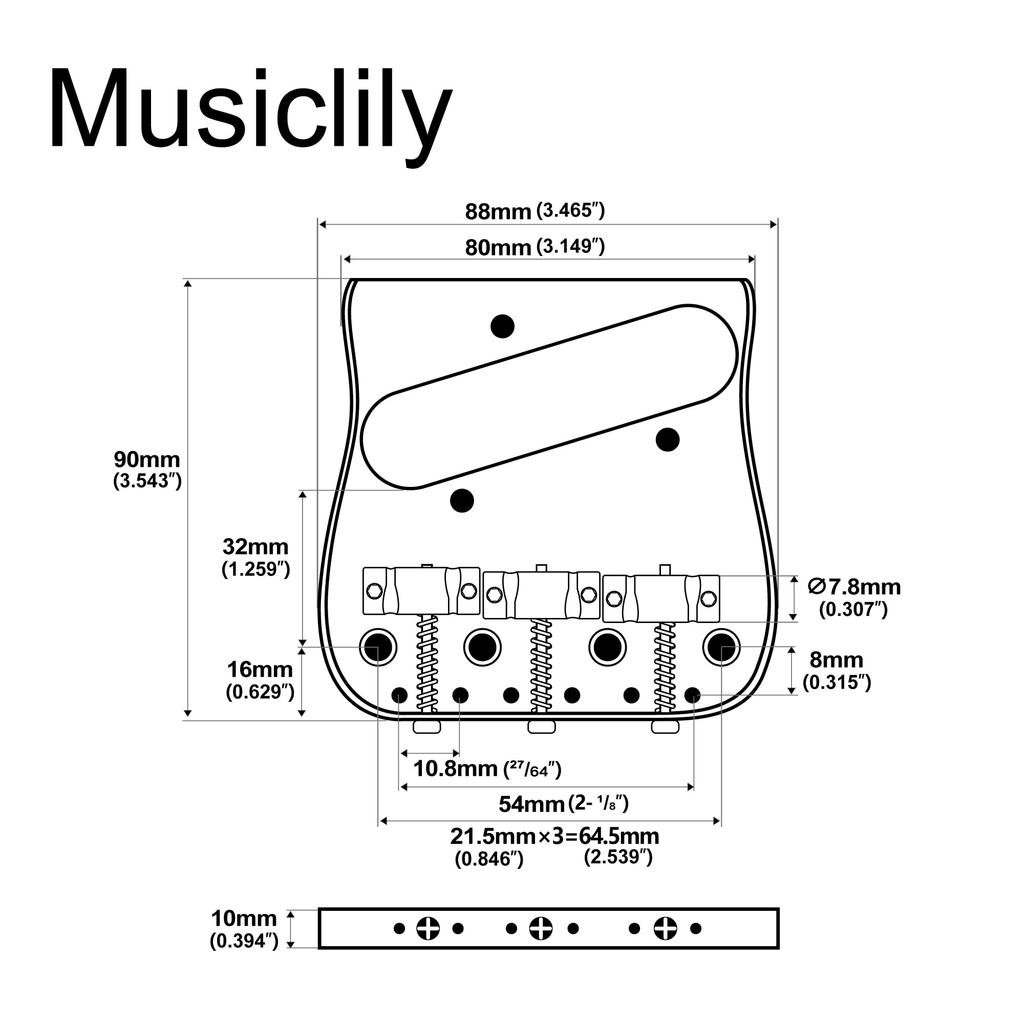 Musiclily Ultra Pitch Bent Telecaster Bridge with Brass Bullets and String Length Compensation Saddles for TL Electric Chrome Left-Handed 10.8mm 3-Way