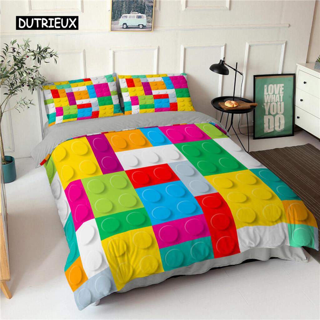 Toy Print Duvet Cover Set Dot Building Blocks Comforter Cover Microfiber Bedding Set Colorful Geometric Bricks Game Quilt Cover