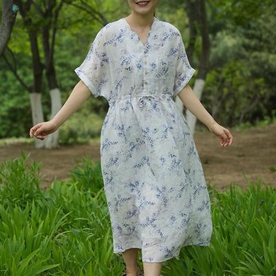 Woman Spring Fashion Print Short Sleeves Vintage Dress Chinese Style Casual V-Neck String Dress