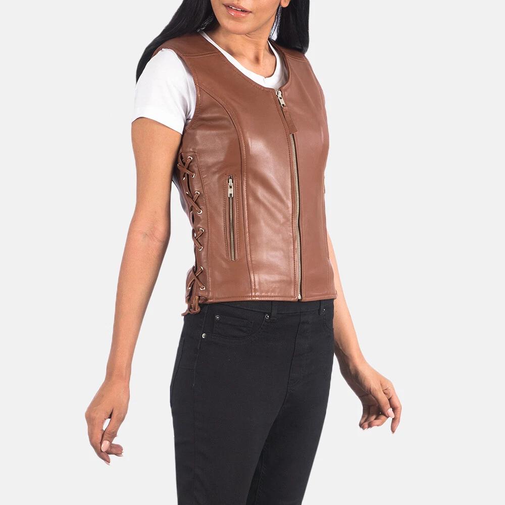Side Lace Stylish Western Zip Waist Coat Women Vest Coat Brown Lambskin Leather