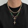 Colorful Crystal Necklace for Men, Trendy Hip-Hop Personality Cross Pendant Clavicle Chain for Men