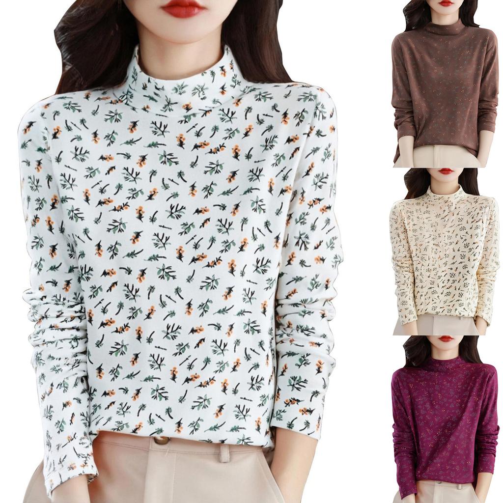 Damenmode Langarm Doppelseitiger Samt Blumendruck Basisschicht Shirt Halber Stehkragen Warmes T-Shirt Top