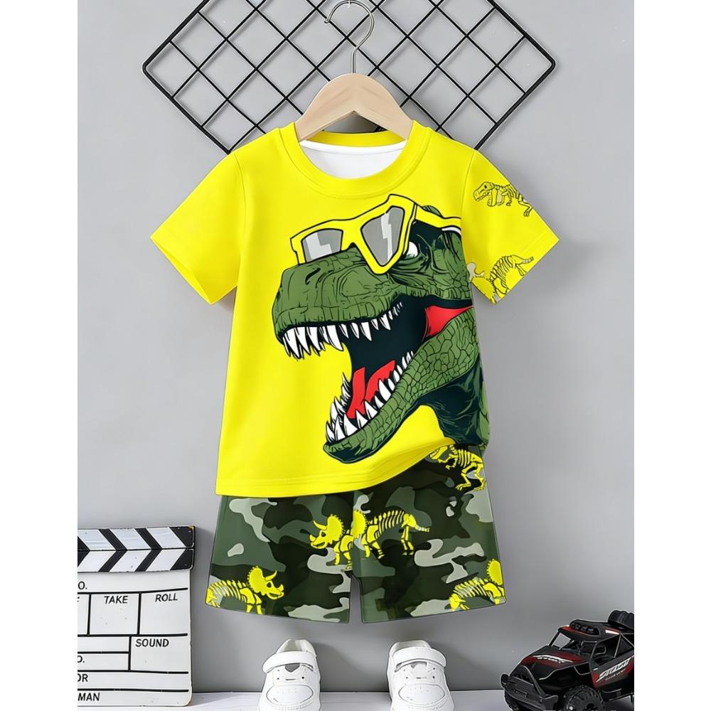 Set Maglia a Maniche Corte Stampata 3D con Dinosauro e Macchina e Pantaloncini Sportivi, Set Maglia Sportiva Casual Estiva