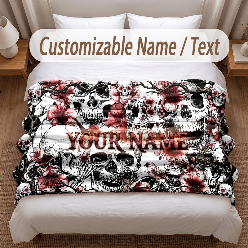 Skull Gothic Theme Soft Blanket Personalized Custom Name Text Print Warm Blanket Home Sofa Bedroom Decor