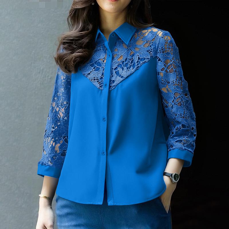 ZANZEA Women Casual Turn Down Collar Hollow Crochet Splice 3/4 Sleeve Blouse