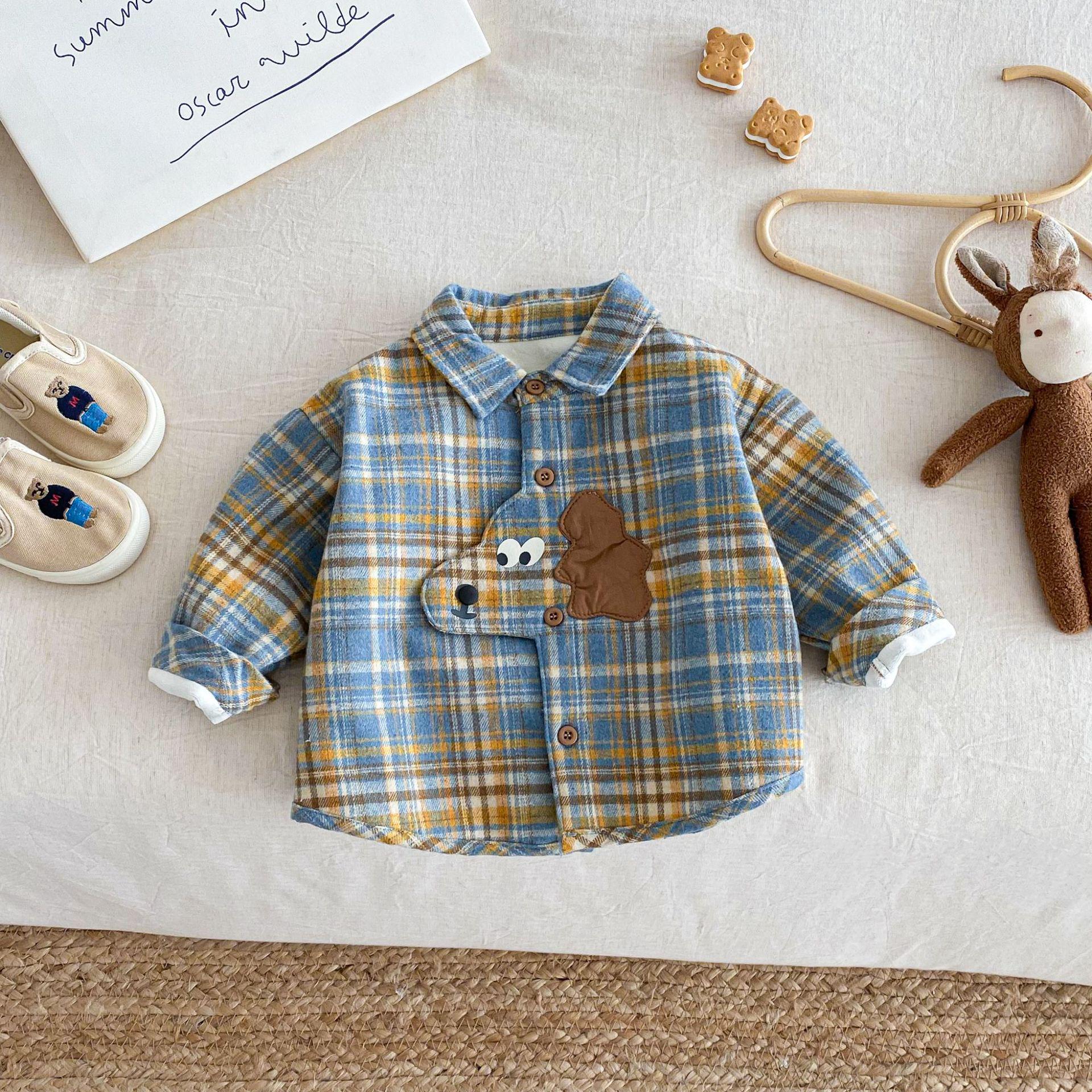 

Зимняя мультяшная клетчатая флисовая рубашка для мальчиков, 0-5 лет 80