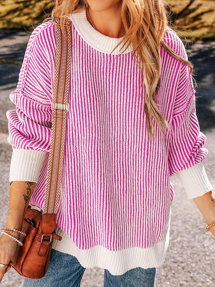 2025 Winter Striped Color Block Sweater for Women – European American Fashion, Warm Loose Versatile Knit Pullover