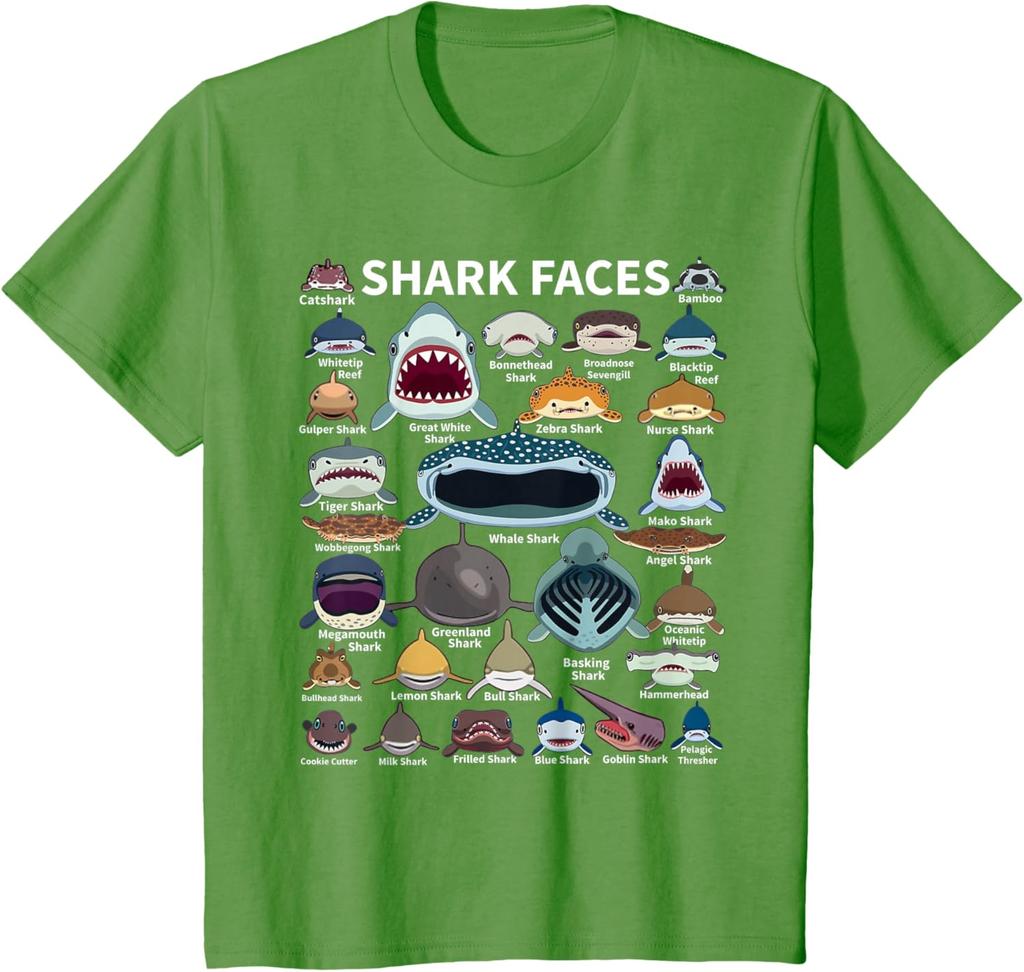 Shark Faces - Type of Shark - Shark Faces of All Kinds T-Shirt Boys Girls Kid Graphic T Shirts Cotton Short Sleeve Tee