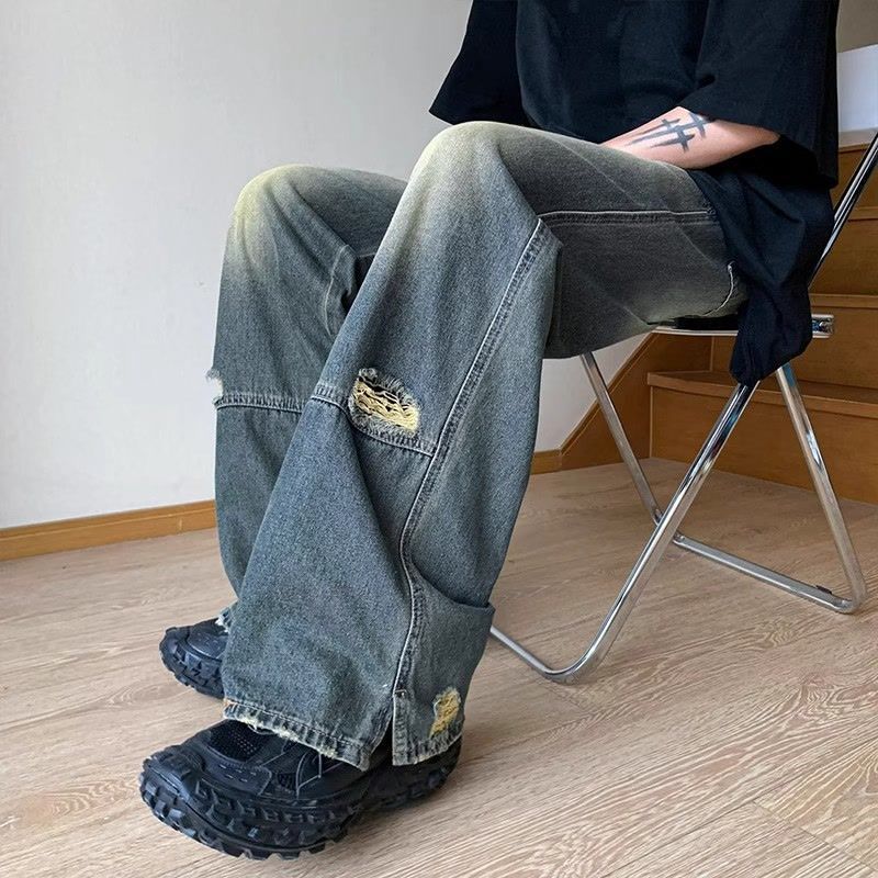 Washed old ripped jeans men's summer American h pants trendy brand drape wide leg straight mopping pants