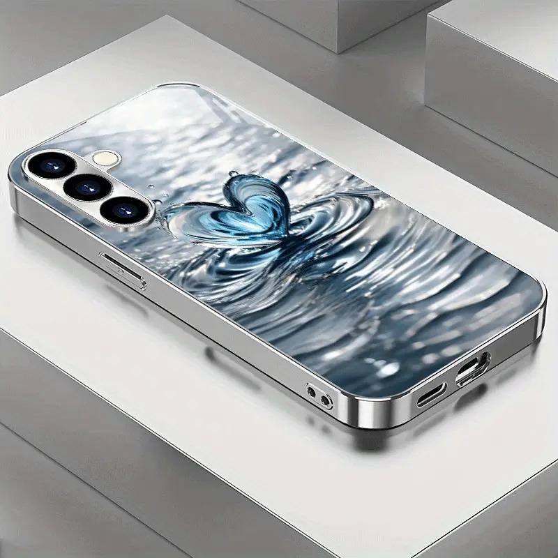 Blue heart-shaped design glass phone case suitable for Samsung Galaxy S26 S25 S24 S23 S22 S20 FE Ultra Plus anti drop back cover