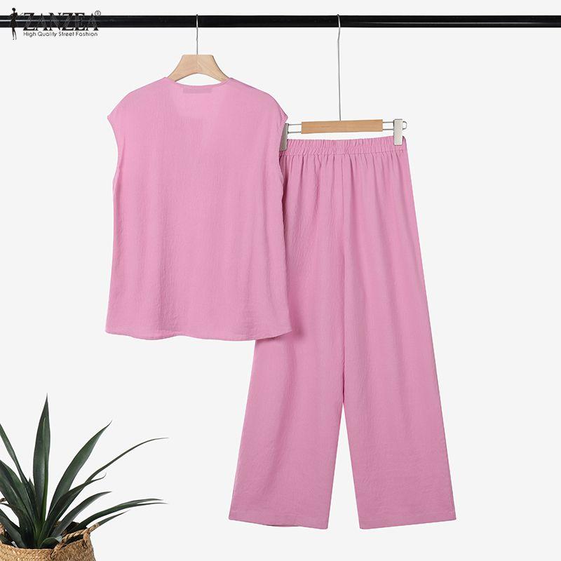 ZANZEA Women Sleeveless Blouse and Pants Casual Two Piece Suit Sets