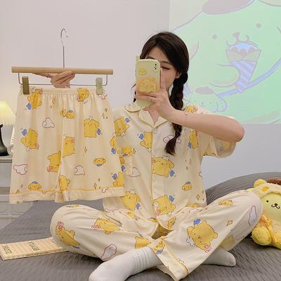 Pijama de Tres Piezas de Verano para Mujer con Estampado de Cachorros de Dibujos Animados, Camiseta de Manga Corta, Pantalones Cortos
