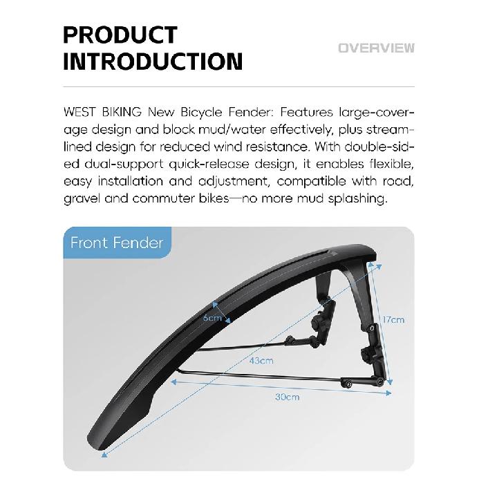 WEST BIKING Bike Fender Set 2PCS Full Coverage Bicycle Fender Quick-release Bike Front Rear Mudguard For 21c-42c Tire Bike Parts
