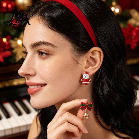 Oil Dripping Jewelry 1 Pair Christmas Earrings for Women, Santa Claus Jingle Bell Bow Asymmetrical Holiday Stud Earrings, Accessories Xmas Party,