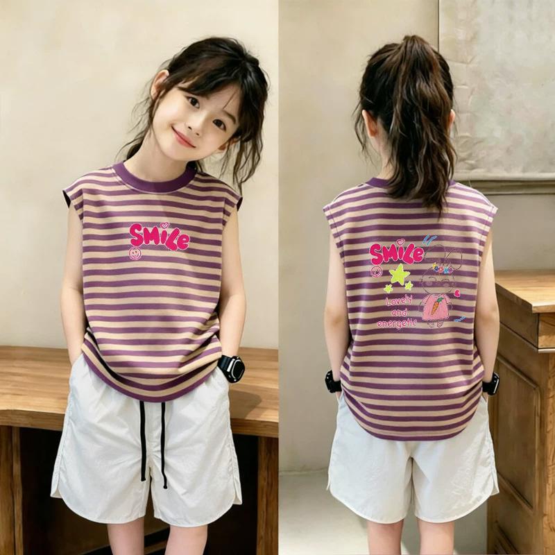 Girls' Trendy Summer Striped Vest Set - Loose Sleeveless Top and Shorts for Medium and Large Children