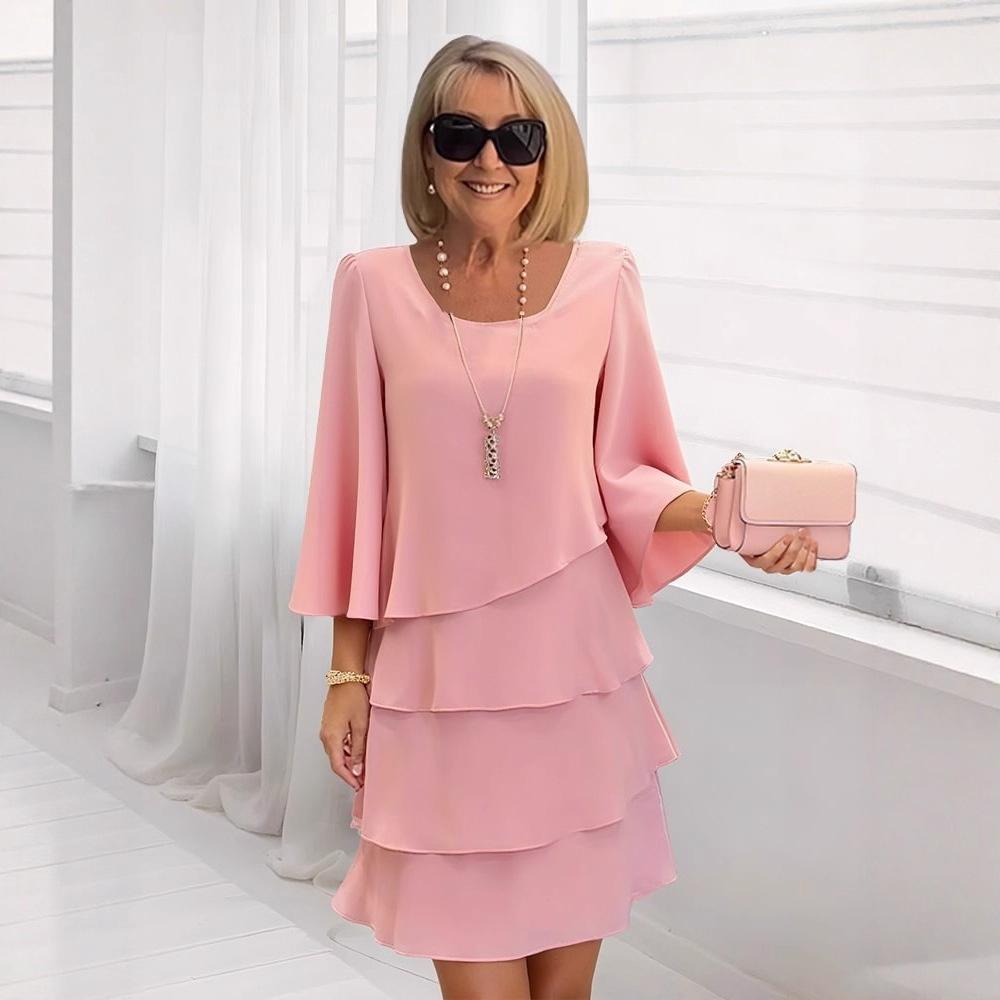 Casual Ruffles Midi Dress Women Summer Fashion Solid Color O-neck Dresses Elegant
