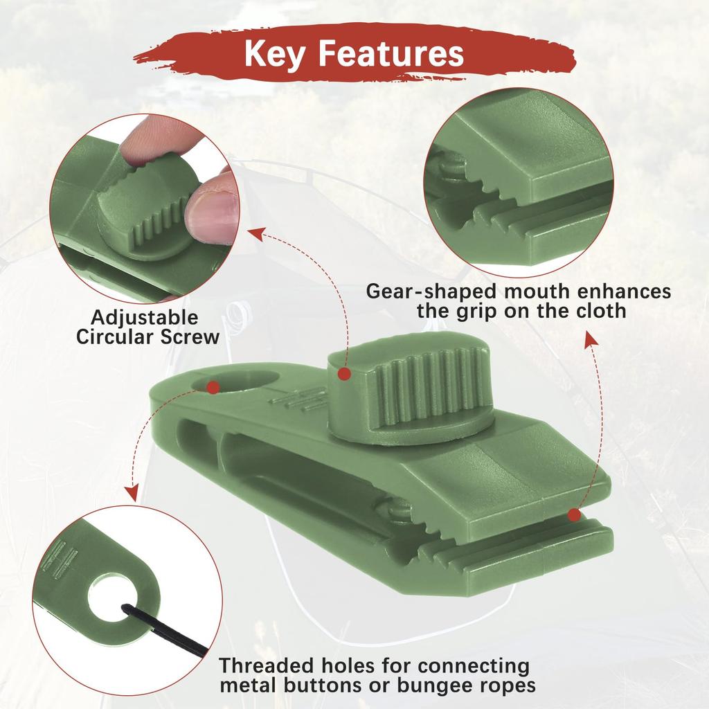 TIXIPEM Tarp Clips Heavy Duty Rock Clips [15pcs] - For Use with Camping Tarps, Awnings, Covers, Pool Covers, Boat Covers, Etc. - [Army Green - 3.3 Inc