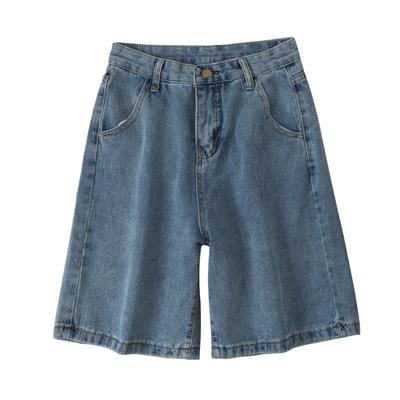 Kadın Yüksek Bel Mavi Geniş Bacak Kot Şort Rahat Kadın Düz Renk Sokak Skinny Jeans Bermuda Şort