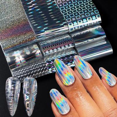 10 STUKS Zilveren Laser Nagellak Folie Geometrisch Iridescent Regenboog Holografische Manicure Decals Aurora Pailletten Effect