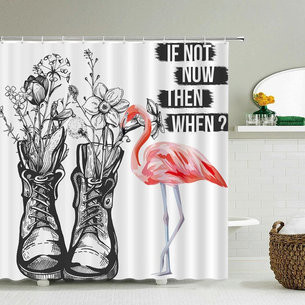 Tropical Plant Flamingo Shower Curtains Green Leaves Waterproof Polyester Fabric Home Decoration Bath Screen Bathroom Accessorie