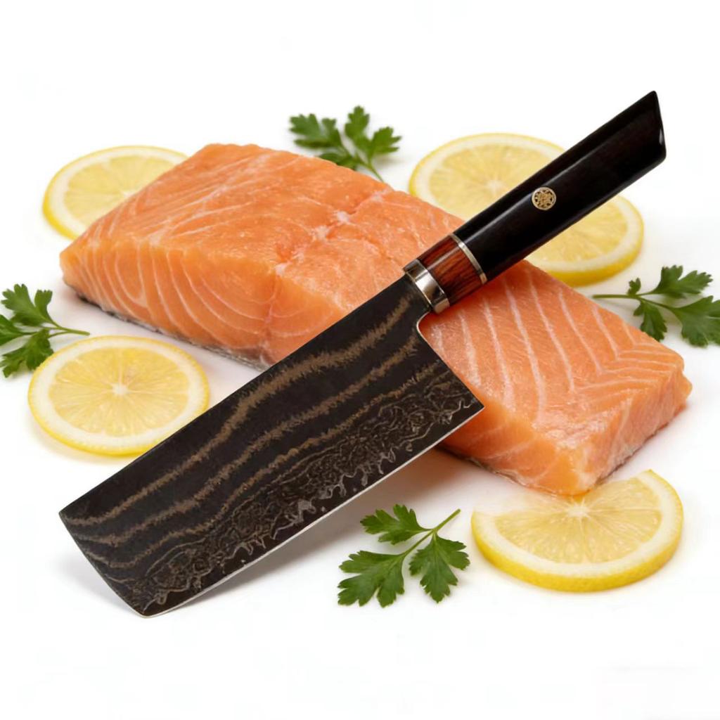 7 Inch Sicing Knife Tricolour Copper Damasus Steel Powder Alloy Steel Blade Wood Handle Chef Cleaver Meat Handmade Kitchen Knife