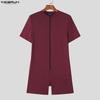 INCERUN Men Short Sleeve Zip-up Rib Jumpsuits Rompers Underwear