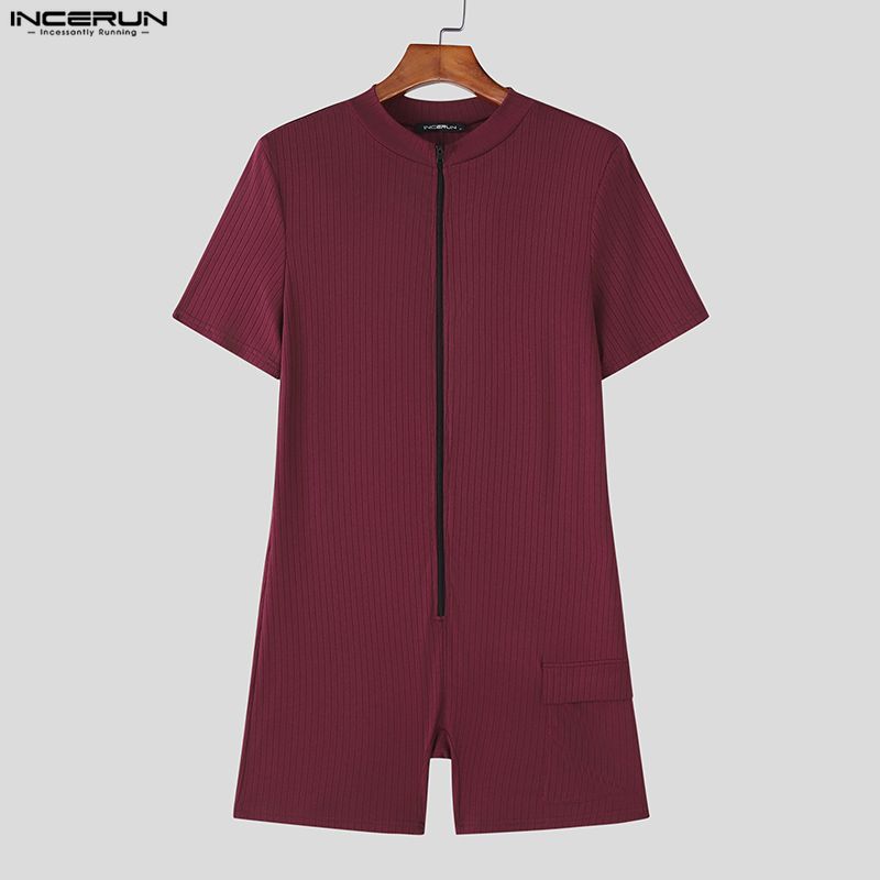 INCERUN Men Short Sleeve Zip-up Rib Jumpsuits Rompers Underwear
