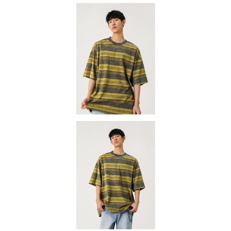 Herren Gestreiftes Lockeres Rundhals Casual Kurzarm T-Shirt