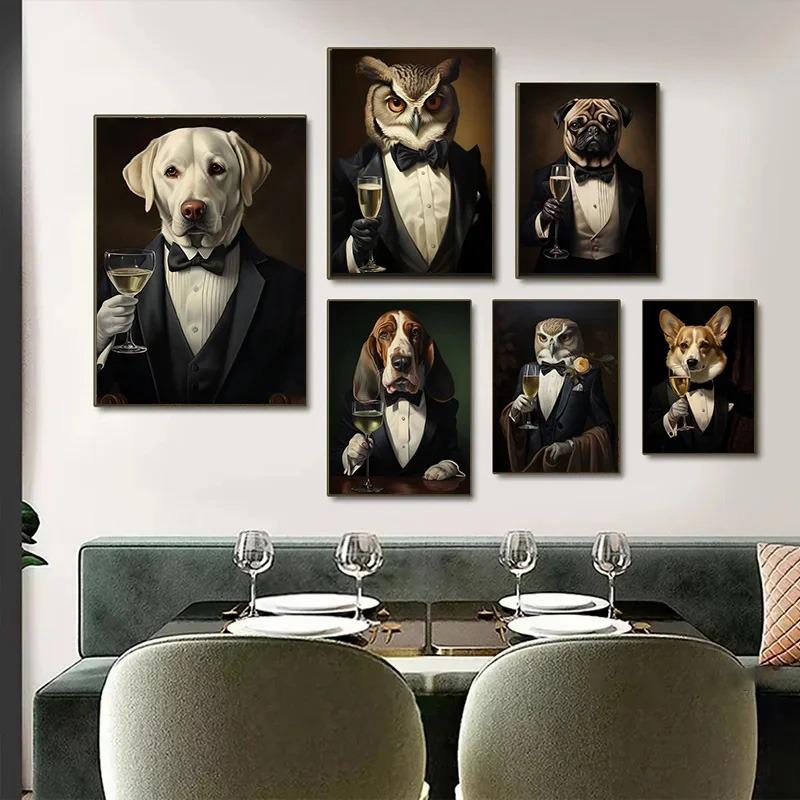 Elegant Animals Raccoon in Tuxedo Owl Pug Suit Poster Canvas Painting Cute Kawaii Wall Art Pictures Living Room Home Decor