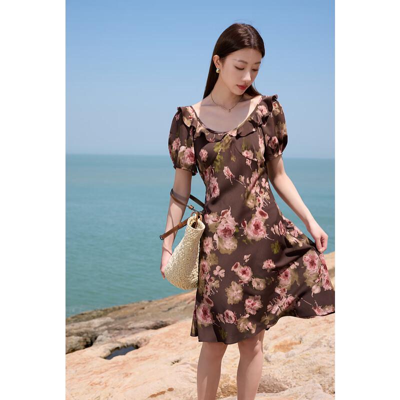 

Sancai Plus Size Rose Print Ruffle Waist Short Sleeve Midi Dress M 160/88B