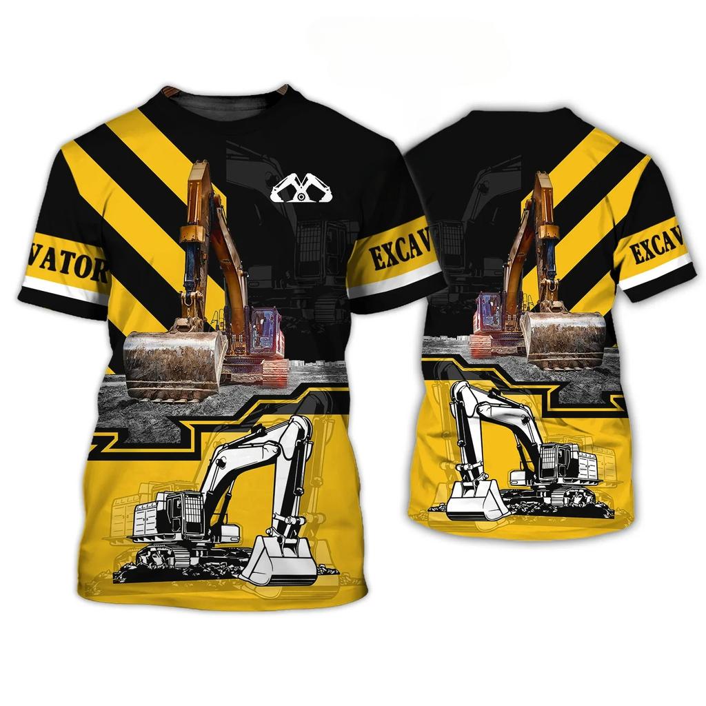 Summer Round Neck 3D Excavator Pattern Print Top Fashionable Casual Short Sleeved Men's T-shirts