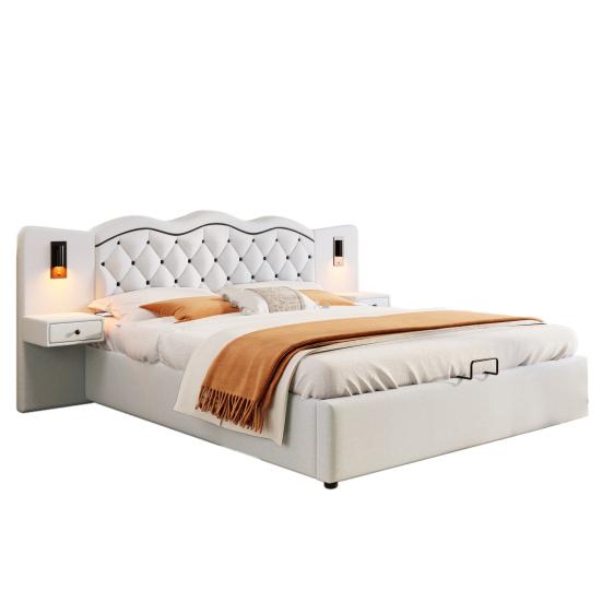 180x200cm Flat Bed, Upholstered Bed, Integrated Headboard, Hydraulic Lifting Mechanism, USB Connection, Two Bedside Lamps, Large Storage Space, Grey,