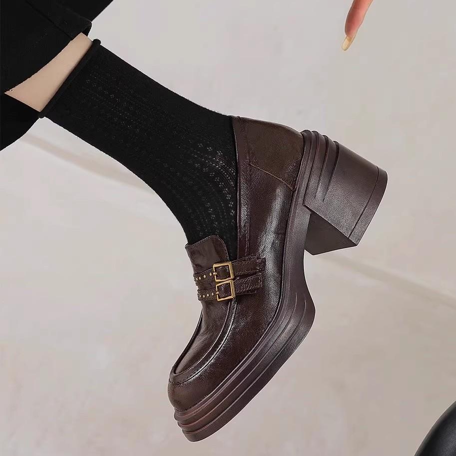 British style spring 2025 new loafers women's platform heightening small leather shoes rivet belt buckle sheepskin single shoes