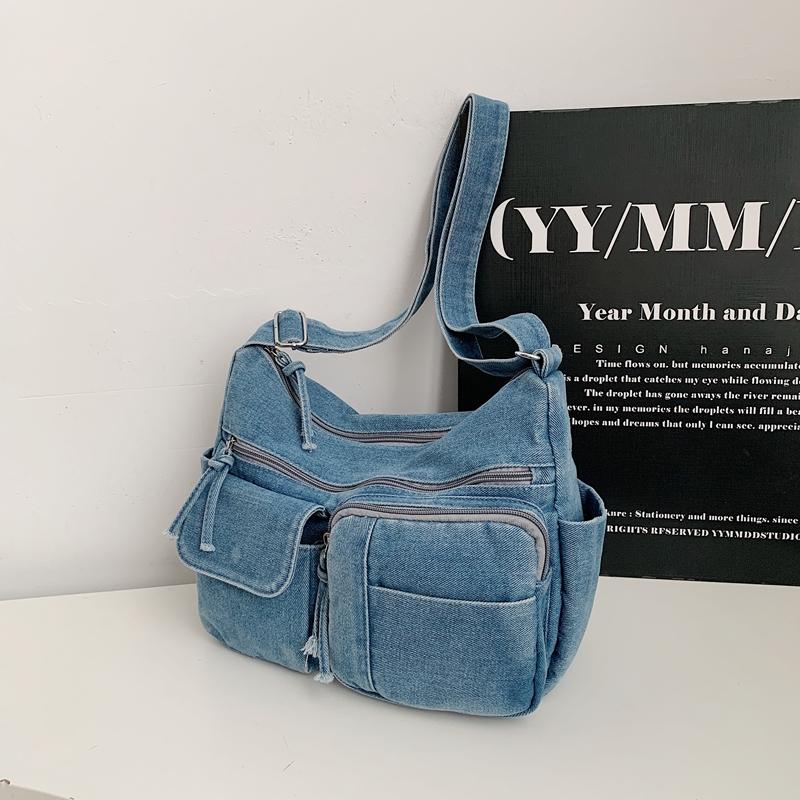 Multi-Pocke Crossbody Bag Denim Commuter Tote Bag Women Large Capacity Messenger Bag