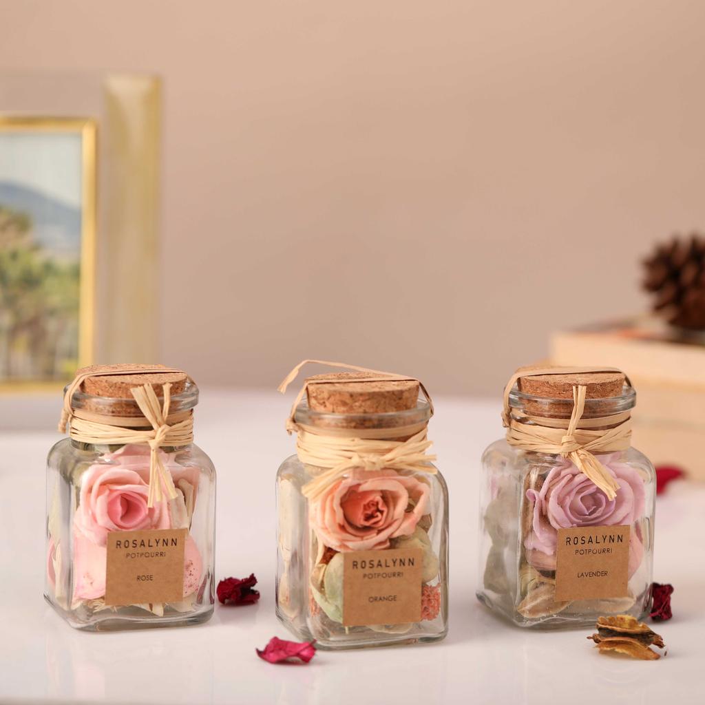 Lea Dried Floral Pastel Potpourri set of 3 (small)fusia rose, lilac lavender, peach belani | 5.5 x 5.5 x 9 cm