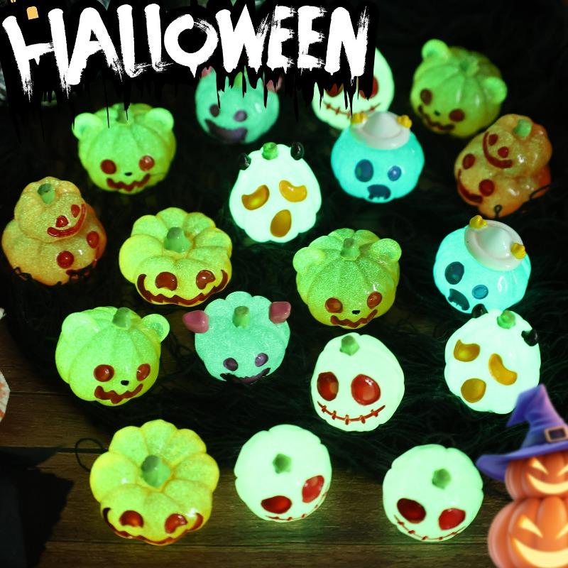 8PCS Spooky Halloween Luminous Pumpkin Ghost Mini Glow In The Dark Resin Craft Statues Vivid Color Home Party Display Kids