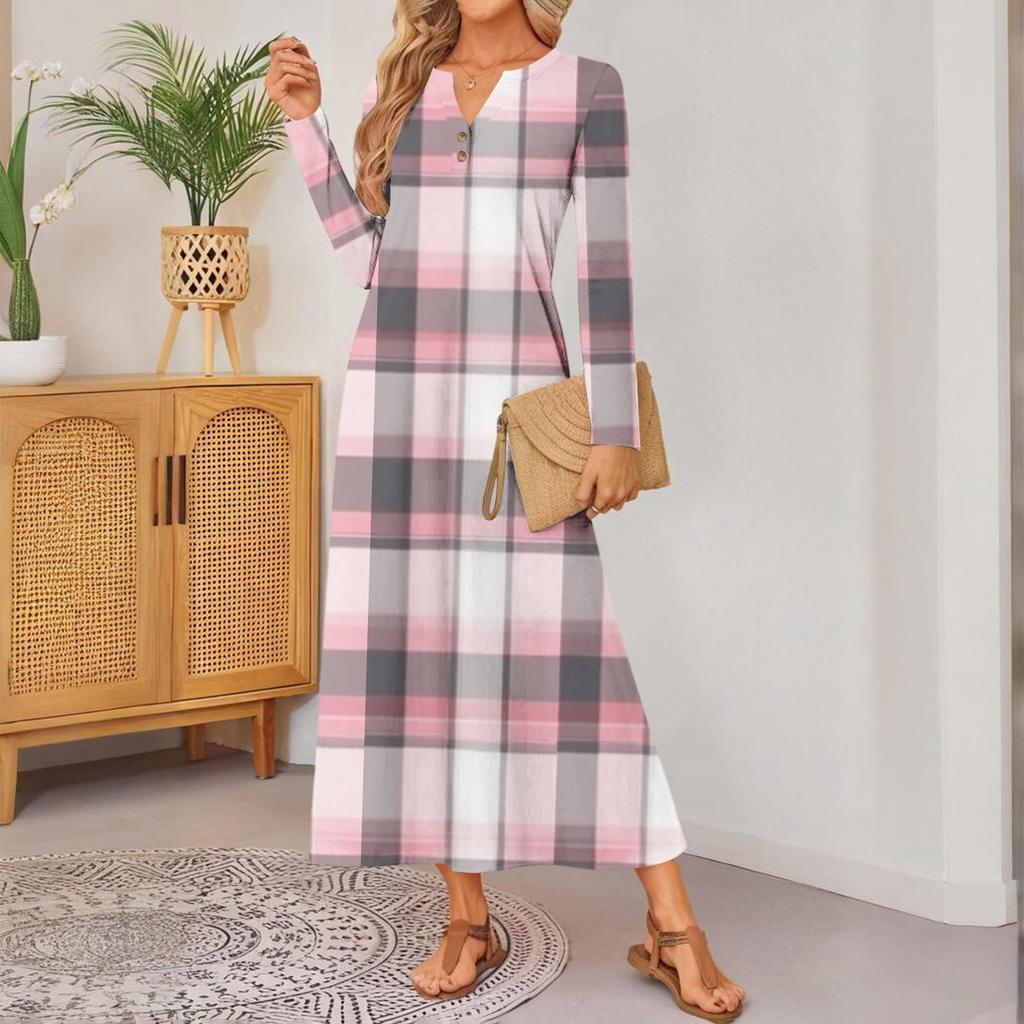 Damen Karomuster Langarm Bequemes Lockeres Kleid Elegantes Kleid