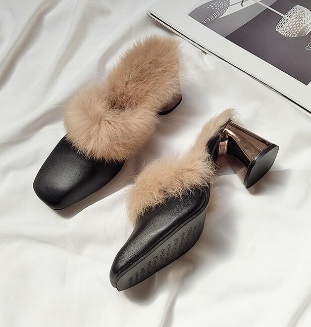 

Модные осенне-зимние ретро мюли с квадратным носком женские теплые плюшевые тапочки из меха металлический толстый каблук слипоны шлепанцы комфортные пушистые шлепанцы 6 чёрный