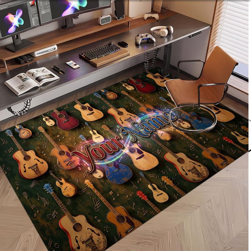 Music Guitar Theme Soft Crystal Velvet Rug Custom Name & Text Print Non Slip Floor Rug for Bedroom Living Room